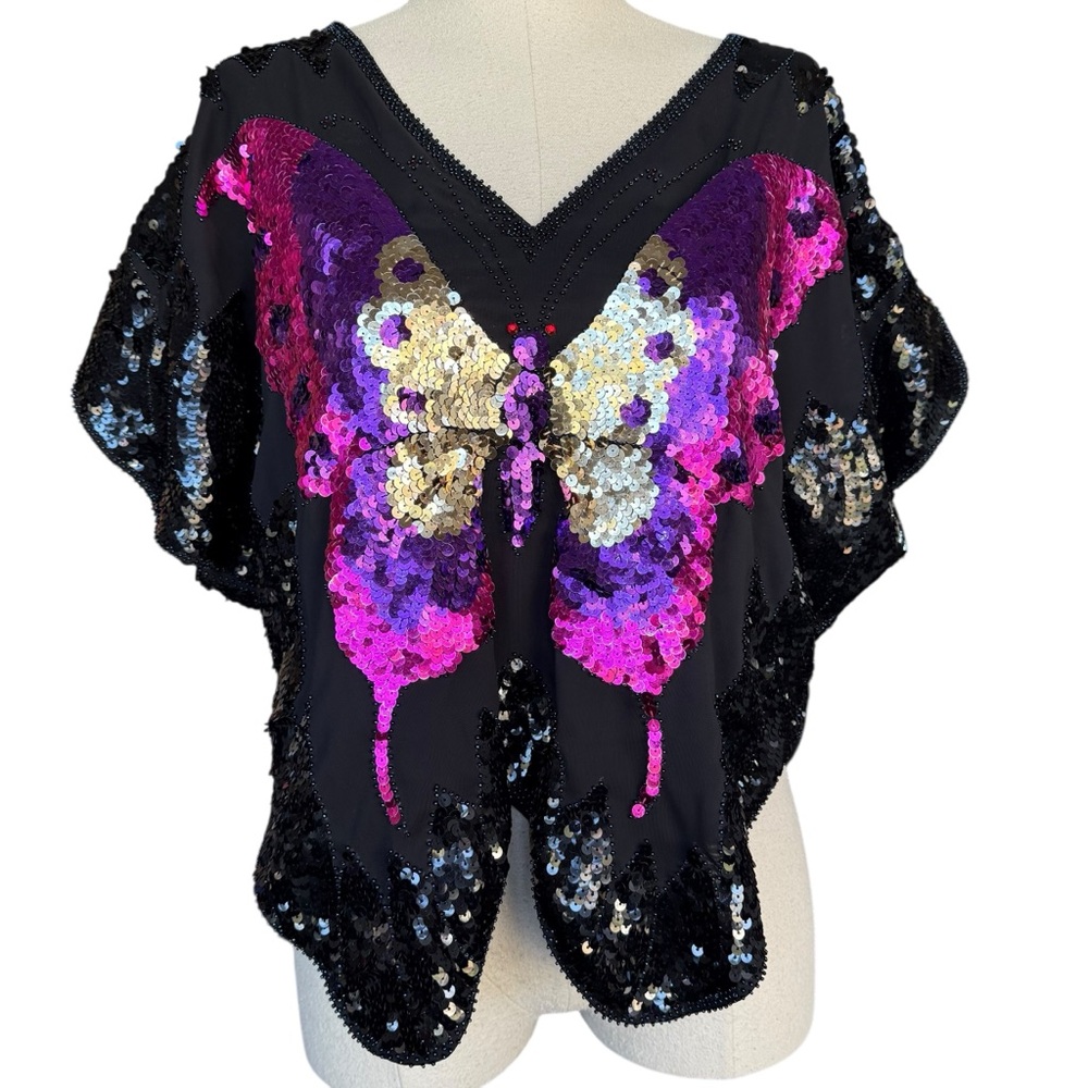 Vintage 80s Black Top with Pink and Purple Sequin Butterfly Festival Glam Goth